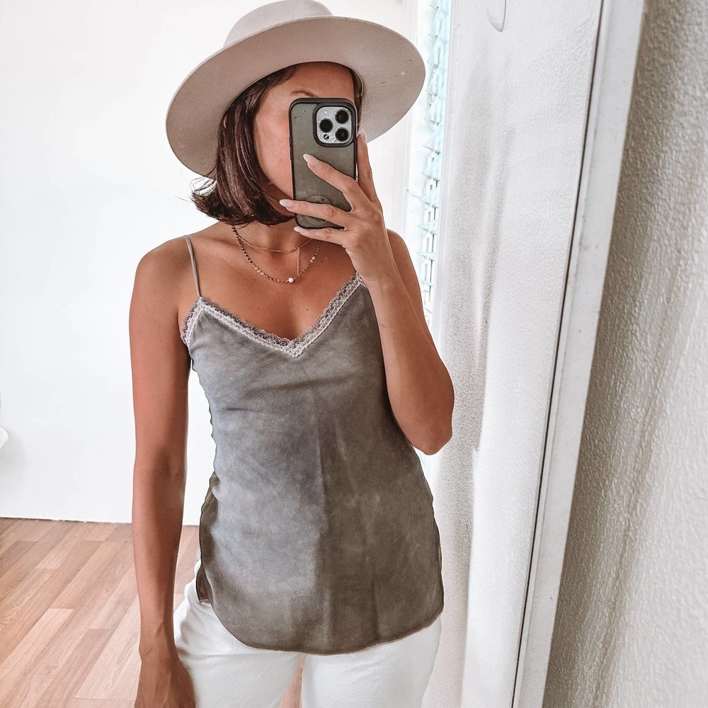 Morrison Grey Silk Lace Trim Tank Top Size Small - Picture 3 of 10